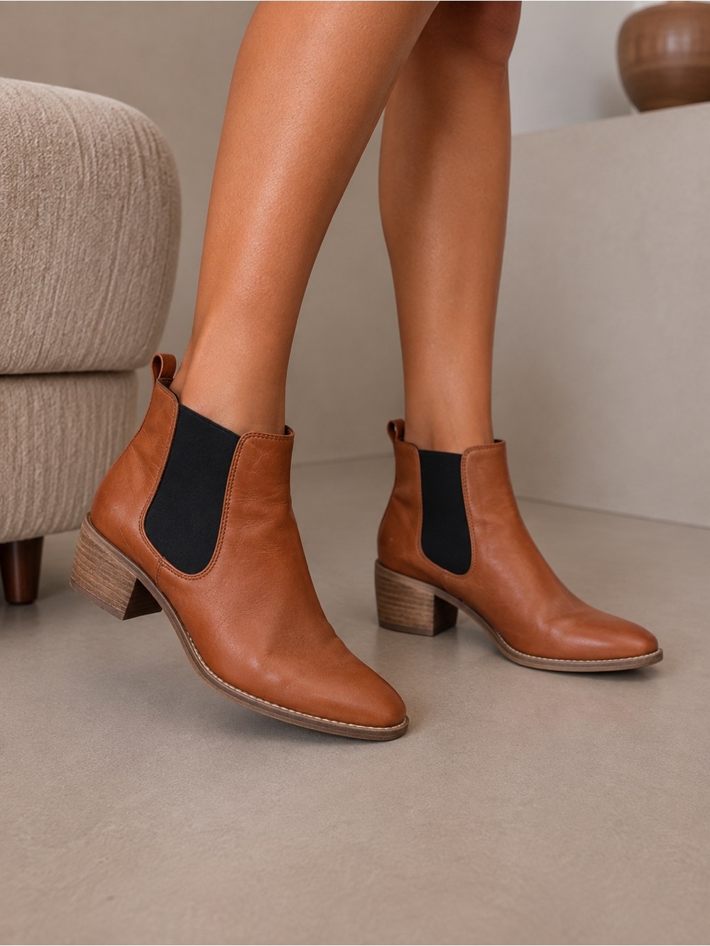 Women's Tan Leather Chelsea Booties with Black Elastic Panels